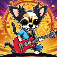 A rocker chihuahua, card game art, amazing power, guitar in his back, artistic drawing, amazing, colorful, barking, disco in the background, rocker hair cartoon style.