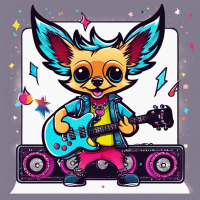 A rocker chihuahua, card game art, amazing power, guitar in his back, artistic drawing, amazing, colorful, barking, disco in the background, rocker hair cartoon style.