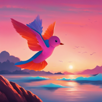 Una golondrina volando alto  en un atardecer en tonos rosa y naranja con mar y una golondrina volando alto