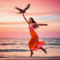 Una golondrina volando alto  en un atardecer en tonos rosa y naranja con mar y una golondrina volando alto