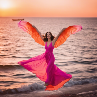 Una golondrina volando alto  en un atardecer en tonos rosa y naranja con mar y una golondrina volando alto