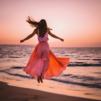 Una golondrina volando alto  en un atardecer en tonos rosa y naranja con mar y una golondrina volando alto